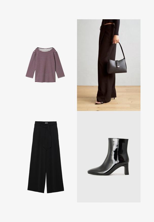 Gestreifte Langarmbluse in Dunkelpurpur und Weiß. Verfügt über einen weiten Ausschnitt und eine lockere Passform, hergestellt aus weichem Baumwollmischgewebe.; Schwarze weite Hosen aus strukturiertem Stoff, mit elastischem Bund und einem abnehmbaren Bindegürtel in der Taille für eine verstellbare Passform.; Schwarzer Lackleder-Stiefelette mit spitzer Zehe und einem mittelhohen Blockabsatz. Glatte Textur und minimalistisches Design.; Schwarze Handtasche mit strukturierter Form, glatter Textur und einem metallischen Verschluss. Kombiniert mit weiten schwarzen Hosen und offenen Sandalen auf einem Holzboden.