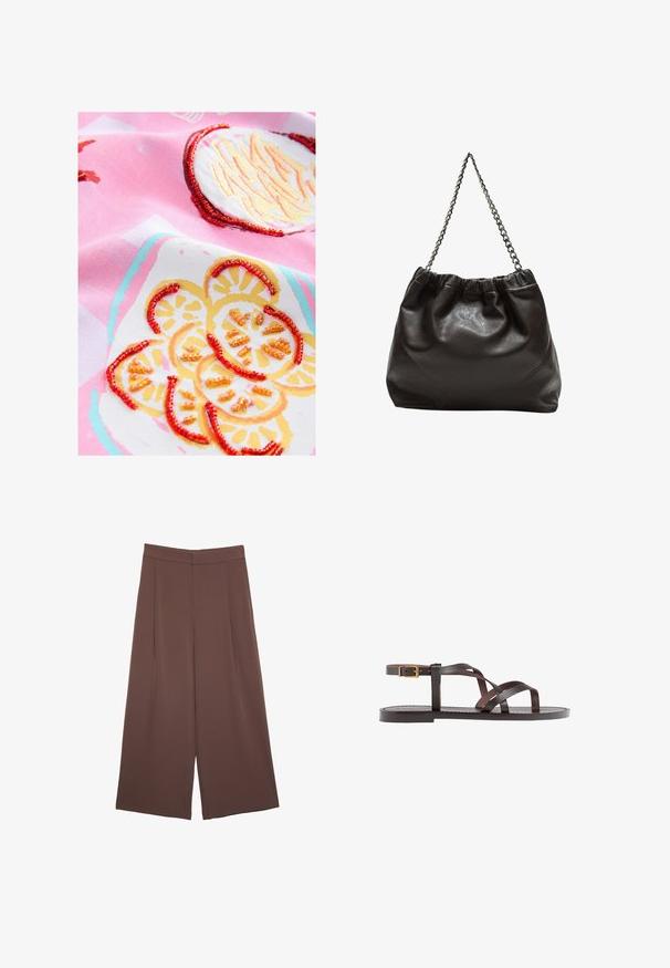 Bomullstyg i rosa med broderade citronmönster som har gula och orange pärlor, vilket skapar texturerade detaljer och ett färgglatt mönster.; Bruna vida byxor med en slät textur, som har hög midja och framfickor. Tyget är lätt och flödar löst.; Bruna lädersandaler med korsade remmar, spänne runt vristen och en platt sula med minimala sömnadsdetaljer.; Brun läderväska med rynkad topp och kedjesnodd. Slät textur med en blankslipad yta och subtila sömdetaljer på sidorna.