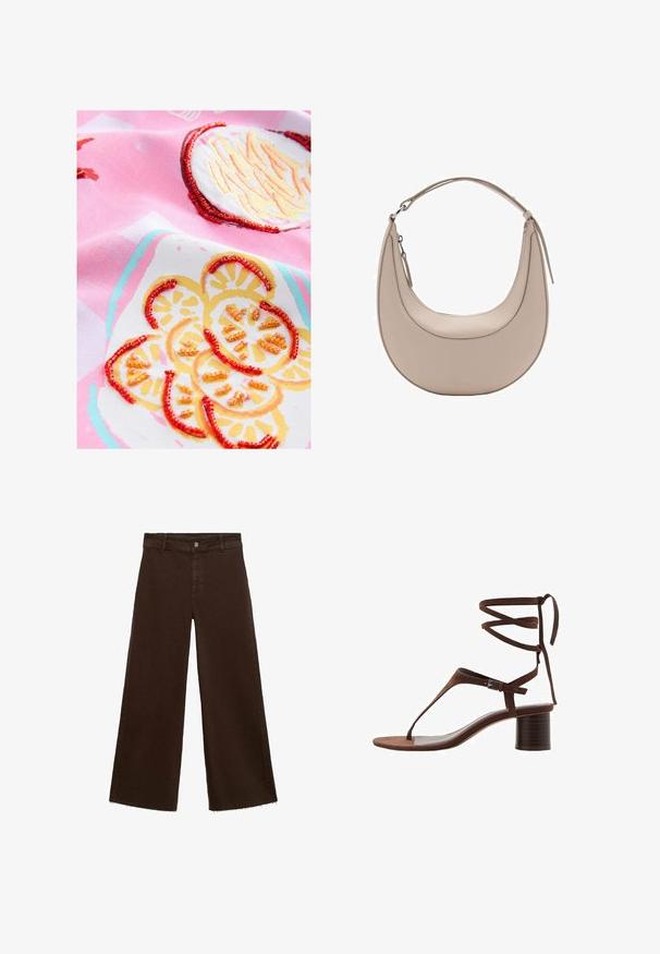 Katoenen stof in het roze met geborduurde citroendessins, voorzien van gele en oranje kraaltjes, die textuuraccenten en een kleurrijk patroon creëren.; Bruine wijde broek in katoenmix, met een rafelige zoom, sluiting met een knoop aan de voorkant en een klassieke vijf-pocketstijl. Minimalistisch en veelzijdig.; Bruine suède hoge hak sandaal met een driehoekige teband, enkellinten en een gestructureerde blokhak voor stabiliteit.; Beige leren schoudertas met een halve maanvorm, een soepele textuur en een enkele gebogen handgreep. Voorzien van een ritssluiting en nette stiksels.