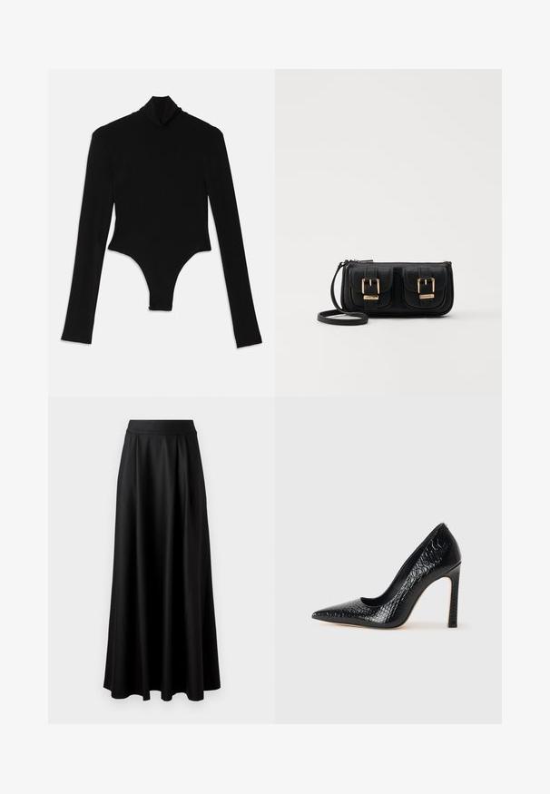Crni bodi dugih rukava izrađen od rastezljivog materijala, s visokim stojećim ovratnikom i prilagođenim dizajnom s tangama.; Crna suknja do poda s glatkom teksturom, širokim pojasom i nabranim dizajnom, bez vidljivih uzoraka ili ukrašavanja.; Crne visoke potpetice s oštrim prstima, od teksture krokodilske kože, elegantnog dizajna, visoke stiletto potpetice i glatkog crnog unutrašnjosti.; Crna kožna torba preko ramena s dva prednja džepa, zlatnim kopčama, zatvaranjem na zip i uskim remenom. Teksturirana površina i kompaktan pravokutan oblik.