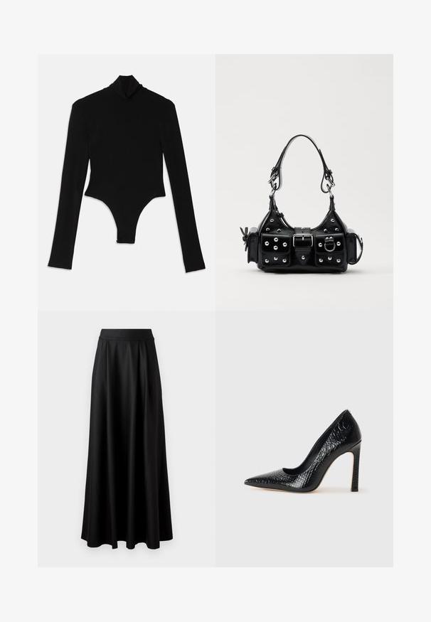 Black long-sleeve bodysuit made from stretchy fabric, featuring a high mock neck and a fitted design with a thong bottom.; Black, floor-length skirt with a smooth texture, wide waistband, and pleated design, featuring no visible patterns or embellishments.; Black pointed-toe high heel shoe with a crocodile-skin texture, featuring a sleek design, high stiletto heel, and smooth black interior.; Black leather handbag with a curved design, featuring silver studs, a buckle, and two side pockets. Adjustable strap for carrying options.