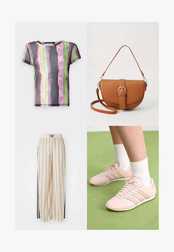 Short-sleeve T-shirt made of sheer fabric, featuring a colorful watercolor stripe pattern in green, pink, and purple tones.; Cream-colored wide-leg pants with a zigzag pattern, featuring a black logo waistband and side black stripes. Lightweight, textured fabric.; Light pink athletic shoes with diagonal stitching, white soles, and three lateral stripes. Worn with ribbed white socks on green surface.; Brown leather crossbody bag with a curved shape, gold hardware, and a buckle accent. Features a detachable shoulder strap.