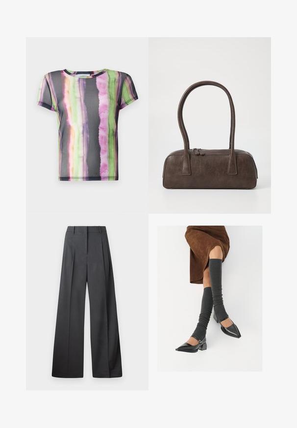 Īsām piedurknēm T-kreklis, izgatavots no caurspīdīga auduma, ar košām akvareļu svītru rakstām zaļās, rozā un violetās krāsās.; Platās kājas bikses tumši pelēkā audumā, ar augstu jostasvietu, ar vienu uzpūstu vīli un gludu tekstūru ar tīru apdari ap malām.; Melnas laka ādas apavi ar norādītu purngalu, blokveida papēdi un potīšu jostu, saskaņoti ar pelēkām ribotām kāju sildītājām un brūnu zamšādas svārku.; Brūna ādas rokassoma ar divām izturīgām rokturām, taisnstūra forma, gluda tekstūra un ar rāvējslēdzēju. Minimālisma dizains bez redzamām rakstzīmēm.