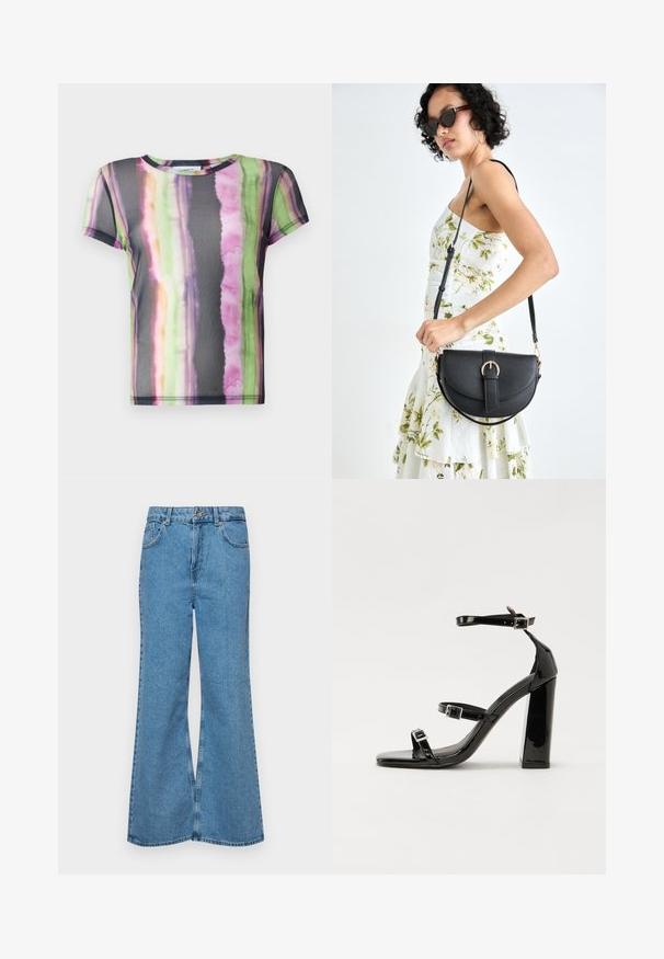 T-shirt de manga curta feito de tecido transparente, apresentando um padrão de riscas em aquarela coloridas em tons de verde, rosa e roxo.; Jeans de brim azuis claros, com corte à boca de sino, apresentando uma cintura alta, cinco bolsos e um fecho de botão único. Textura macia com acabamento desbotado.; Sandálias de tacão preto laqueadas com bico quadrado, tiras para o tornozelo e fivelas prateadas. Apresentam um salto bloco chunky para estabilidade.; Bolsa de couro preta com forma curva, alça destacável e detalhes em dourado. A bolsa possui uma aba com detalhe de fivela.