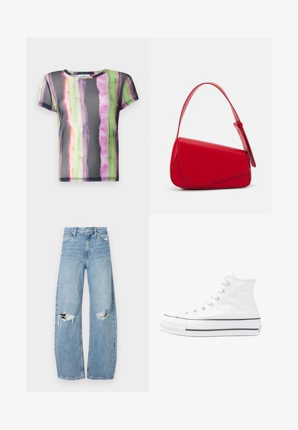 Short-sleeve T-shirt made of sheer fabric, featuring a colorful watercolor stripe pattern in green, pink, and purple tones.; Light blue, high-waisted jeans made of denim. Feature wide legs, two torn knee areas, and classic five-pocket styling.; White high-top canvas sneaker with black rubber sole, front rubber toe cap, and six eyelets for laces, featuring a clean, minimalist design.; Red leather handbag with an angular, geometric design. Features a single adjustable strap and a flap closure with stitched detailing.