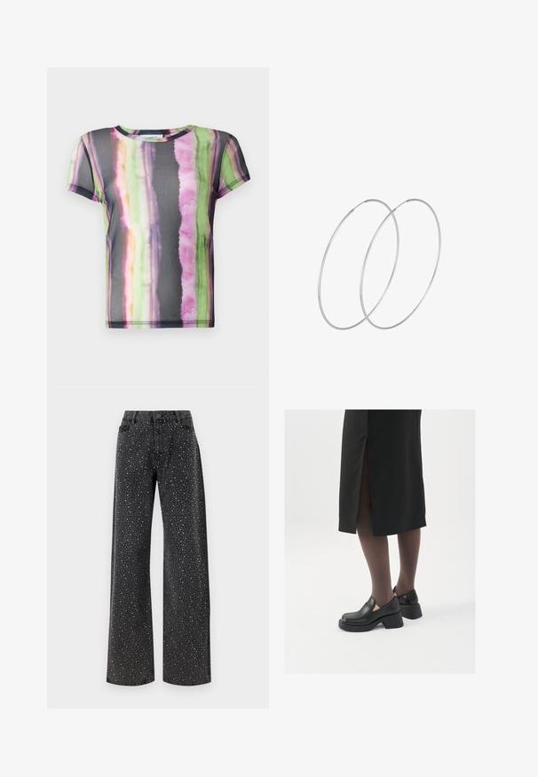 Camiseta de manga corta hecha de tela transparente, con un colorido patrón de rayas en acuarela en tonos verdes, rosas y morados.; Noisy May NMJANNEL LOOSE - Vaqueros boyfriend - black denim; Zapatos de piel negra con punta redondeada, tacón grueso y bloque, y acentos elásticos en los laterales, combinados con unos pantys oscuros y una falda negra con una abertura.; Pendientes de aro plateados con un diseño minimalista. Forma circular, textura suave y perfil delgado. Livianos con un acabado pulido.