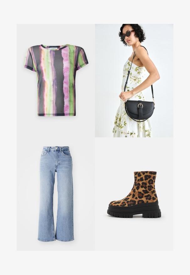 T-shirt de manga curta feito de tecido transparente, apresentando um padrão de riscas em aquarela coloridas em tons de verde, rosa e roxo.; Jeans de cintura alta, de perna larga, em azul claro, com bolsos frontais e traseiros, fecho de botão e desbotamento subtil nas coxas e nas bainhas.; Botas de tornozelo com padrão de leopardo, com parte superior em tecido suave, sola plataforma preta robusta e textura canelada para tração. Silhueta moderna e elegante.; Bolsa de couro preta com forma curva, alça destacável e detalhes em dourado. A bolsa possui uma aba com detalhe de fivela.