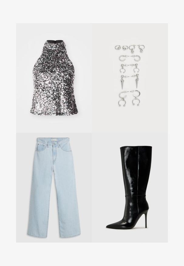 Srebrna halter majica sa šljokicama, s visokim izrezom, uskim korzetom i glatkom unutrašnjom tkaninom. Ima zatvaranje na zatvarač na leđima.; Svijetloplave široke traperice visokog struka, s gumbom i patentnim zatvaračem, dvostrukim prednjim džepovima i suptilnim detaljima šavova.; Crne kožne čizme do koljena s oštrim vrhom i visokim stiletto potpeticama. Glatka tekstura i sofisticirani dizajn, s minimalnim detaljima.; Set srebrnih naušnica koje sadrže razne dizajne: kružne, naušnice s dugmetom i viseće stilove, s lopticama i oštrim elementima.