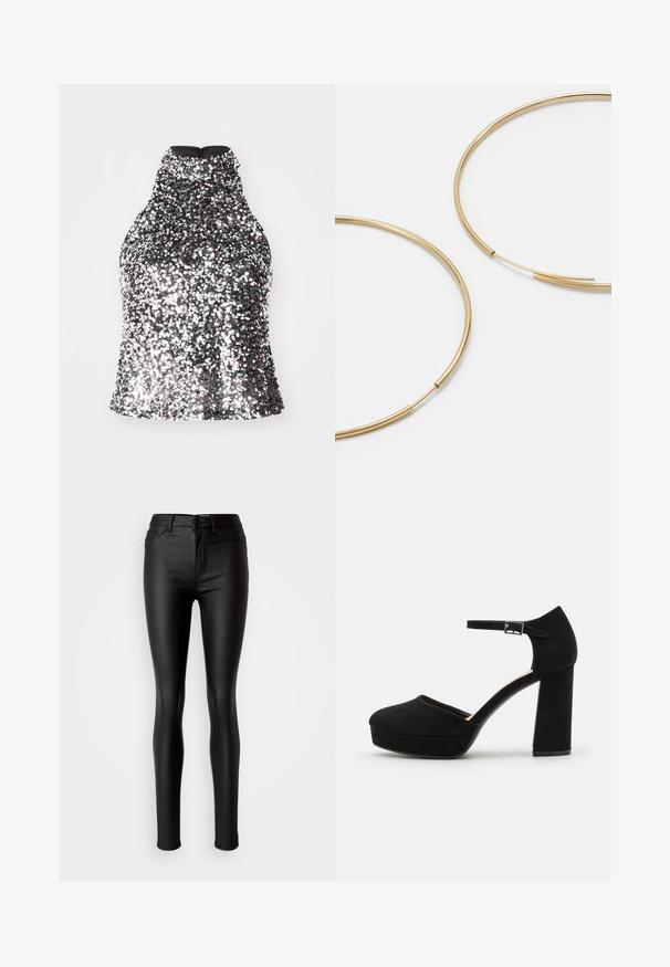 Sidabrinė blizgučiais puošta halter tipo viršutinė dalis su aukštu kaklo iškirpimu, prigludusi liemenė ir glotni vidinė medžiaga. Yra užtrauktukas nugaros pusėje.; Juodos dirbtinės odos liesos džinsinės kelnės su lygiu paviršiumi, aukštu liemeniu, mygtuko uždarymu ir tradicine penkių kišenių dizainu.; Juodi zomšiniai platforminiai kulniukai su storu bloku kulnu, apvalia nosimi ir čiurnos dirželiu, kuris pritvirtintas metaliniu užsegimu. Visoje apavo tekstūra lygi.; Aukso spalvos žiedo auskarai, ploni ir apvalūs, su lygiu metaliniu paviršiumi be papuošimų ar raštų.; Juodas odinis piniginė su užlenkiama sklende, auksinėmis detalėmis, su logotipo akcentu. Įeina nuimamas diržas nešiojimui.