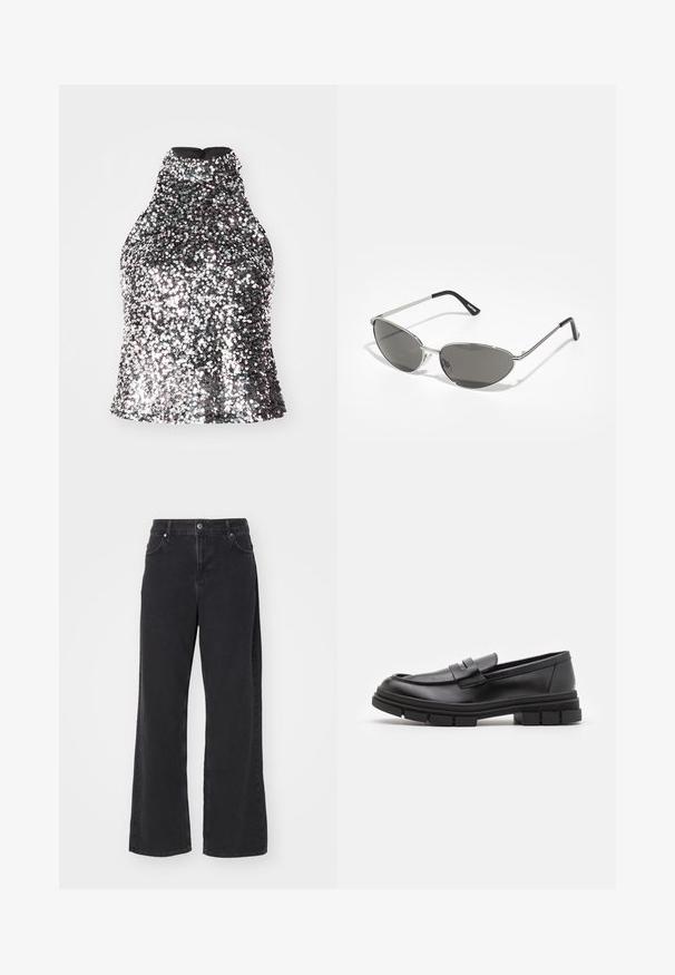 Top halter argentato con paillettes, colletto alto, corpino aderente e tessuto interno liscio. Presenta una chiusura con zip sul retro.; Jeans neri in denim a gamba larga con vita alta, design a cinque tasche e chiusura con cerniera. Tessuto liscio con cuciture minime visibili.; Mocassini in pelle nera con finitura liscia, dotati di un dettaglio di cinturino anteriore e di una suola in gomma spessa con accenti scanalati.; Occhiali da sole con una struttura elegante in metallo argentato, lenti grigio scuro e un design aerodinamico caratterizzato da bordi appuntiti e aste sottili.; Orologio Casio al quarzo argento con quadrante rettangolare, display analogico e digitale, bracciale in acciaio inossidabile e caratteristiche di resistenza all'acqua.