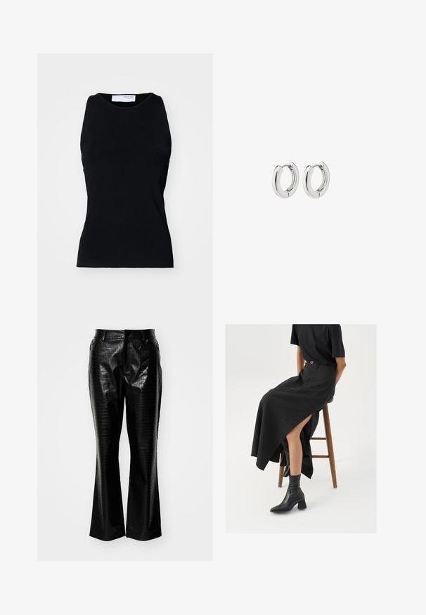 Black ribbed sleeveless top with a rounded neckline and fitted design. Made from stretch material, showcasing a smooth texture and seamless edges.; Black faux leather pants featuring a textured crocodile skin pattern, flared legs, and a standard waistband with belt loops.; Black linen maxi skirt with a high slit, worn with a black t-shirt and black ankle boots. Minimalistic design with a relaxed fit.; Silver hoop earrings with a polished finish, featuring a circular design and seamless hinges, displaying a smooth texture.