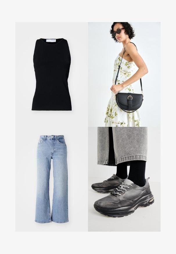 Black ribbed sleeveless top with a rounded neckline and fitted design. Made from stretch material, showcasing a smooth texture and seamless edges.; Light blue high-waist wide-leg jeans with front and back pockets, button closure, and subtle fading on the thighs and hems.; Black and gray athletic shoes feature a mesh upper, thick soles, and laces. They have a rounded toe and visible cushioning detail.; Black leather handbag with a curved shape, detachable strap, and gold hardware. The bag features a flap with a buckle detail.