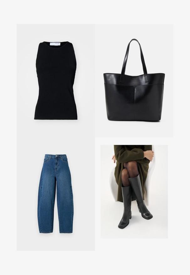 Must mustribaeta ilma varrukatega topp, millel on ümara kaeluse ja liibuv disain. Valmistatud venivast materjalist, mis näitab sujuvat tekstuuri ja liimimata servasid.; Keskmise sinise tooniga teksad, millel on kõrge talje, lai jalaliik ja standardne viie taskuga disain koos nähtavate õmbluste detailidega.; Knee-high mustad nahast saapad nelinurkse varbaga ja plokilise kontsaga, esitatud mudeli kõrval, kes istub oliivirohelises mantlis. Sujuv tekstuur, minimaalne detailide arv.; Must mustaga musta nahast, millel on kaks pikka kanda, sile tekstuur ja struktureeritud kuju. Esipoolsel on lisakoti jaoks tasku.