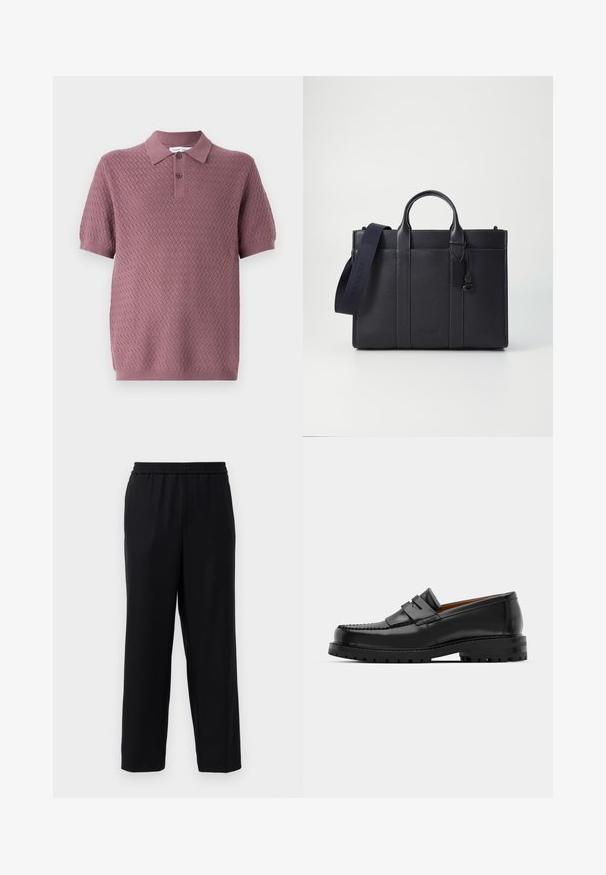 Polo a maniche corte di colore malva con un pattern a zigzag testurizzato, colletto a punta e due bottoni sulla patta. Realizzato in morbido materiale a maglia.; Pantaloni neri con vita elasticizzata, design a gamba dritta e un tessuto morbido e leggero. Nessuna tasca visibile o motivi.; I mocassini in pelle nera presentano una cucitura sollevata, due fasce decorative sulla parte superiore e una suola spessa e texture per una maggiore aderenza.; Cartella in pelle blu scuro con doppio manico superiore e tracolla removibile. Presenta una finitura texturizzata, cuciture verticali e dettaglio del logo.
