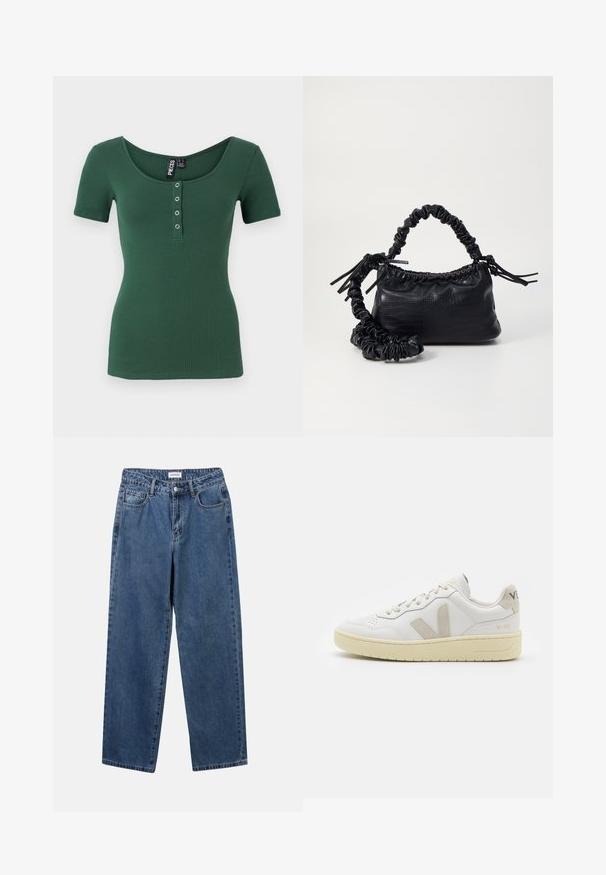 Ribbet, kortermet topp i mørkegrønn med rund hals. Har en knappfront med sølvfargede trykknapper. Myk tekstur.; Klassiske blå denimjeans med rett ben-design, fem lommer og knappelukking. Har en middels vask og solid tekstur.; Hvite lær sneakers med beige semsket detaljer, perforert tåboks, flate lisser og en teksturert kremfarget såle. Har subtil branding på hælen.; Svart faux skinn-håndveske med krokodilletekstur, strammet topp og en rynket stropp. Ser myk og kompakt ut i designen.