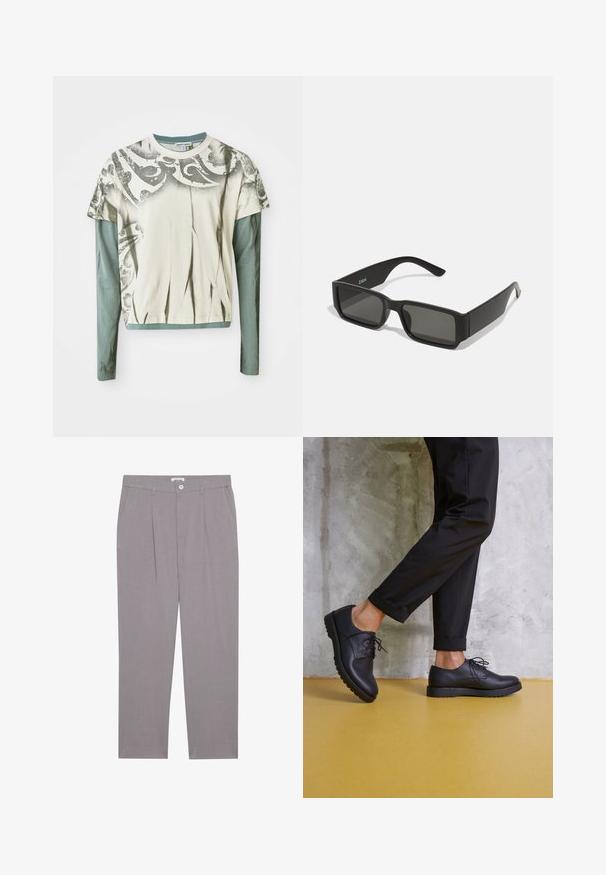 Graficzna koszulka z długim rękawem z kremowym korpusem i dekoracyjnym szarym nadrukiem oraz turkusową podkoszulką z długim rękawem. Gładka faktura materiału.; Szare spodnie o prostym kroju, z dwiema przednimi kieszeniami, plisami i zapięciem na guzik. Wykonane z lekkiej tkaniny.; Czarne skórzane buty sznurowane z okrągłym noskiem, teksturowaną powierzchnią i grubą gumową podeszwą. Noszone z podwiniętymi czarnymi spodniami na tle betonowym.; Czarne okulary przeciwsłoneczne z prostokątnymi soczewkami, matowa plastikowa oprawka i proste krawędzie. Posiadają logo marki na wewnętrznej stronie ramienia.
