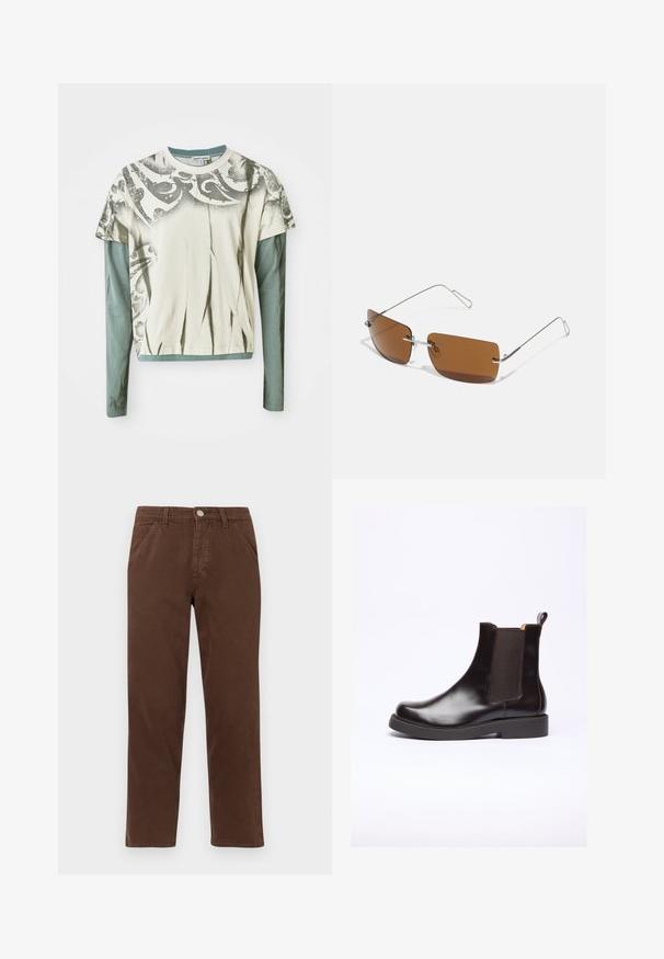 Grafiska garuma piedurkņu t-krekls ar krēmkrāsas virsmu, dekoratīvu pelēku apdruku un zilu garām piedurknēm apakšā. Gluda auduma tekstūra.; Brūni kokvilnas bikses ar taisnu kāju, priekšējām kabatām un metāla pogu aizdari. Iezīmē gludu tekstūru un minimālu dizainu.; Brūnas ādas Čelsijas zābaki ar elastīgām sānu panelēm un vilkšanas cilpiņu. Iezīmējas ar noapaļu purngalu un izturīgu gumijas zoli.; Brūni taisnstūrveida saulesbrilles ar plāniem sudraba stiepļu rāmjiem un deguna tiltiem. Lēcas ir plakanas un nedaudz tonētas.