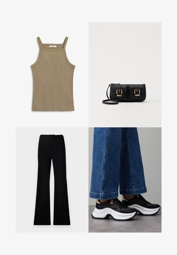 Khaki värvi tank top õhukeste õlavarre rihmadega, ribatud tekstuuriga ja sirge servaga. Sildil on ka kirjutatud "IVY OAK" krae juures.; Mustad flared püksid, millel on sile tekstuur, kohandatud vöökoht ja ees olevad taskud, kujundatud laisa, modernse siluetiga.; Mustad ja kuldsed tossud kumerate valgete talladega. Tekstuurse kangaga, millel on logo aktsendid. Sobitatud laia siniste teksapükstega.; Must küllastamata nahast õlakott, millel on kaks esist nähtavat taskut, kuldsed pandlad, tõmblukuga sulgemine ja peen rihm. Tekstuuriga pind ja kompaktne ristkülikukujuline kuju.