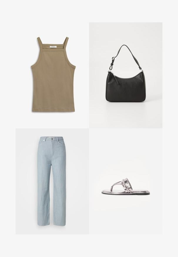 Khaki tank top with thin shoulder straps, ribbed texture, and a straight hem. Label reads "IVY OAK" at the neckline.; Light blue straight-leg jeans made of denim. Features five pockets, a metal button closure, and subtle whiskering for texture.; Metallic silver flat sandal with a curved strap design and a thin sole. Features a toe loop and minimalistic aesthetic.; Black leather handbag with a curved shape, a single strap, zip closure, and subtle branding on the front. Smooth texture, minimalist design.