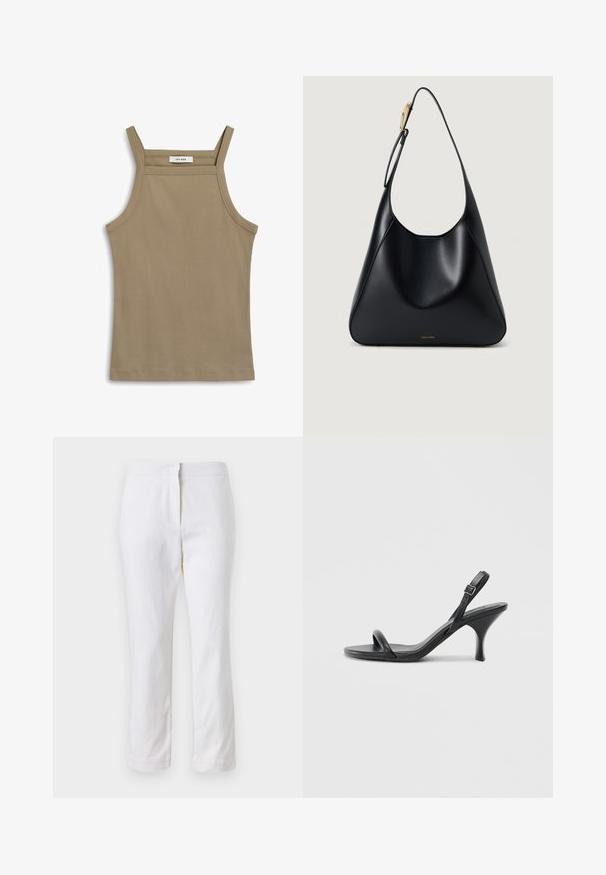 Kaki krūšturis ar plānām plecu siksnām, ribota tekstūra un taisna apakšmala. Uz etiķetes ir rakstīts "IVY OAK" ap kakla daļu.; Baltas kokvilnas bikses ar taisnu kāju dizainu, ar vidēju augstumu un bez redzamām detaļām vai rakstiem. Visā virsmā ir gluda tekstūra.; Melnas ādas augstpapēžu sandales ar plānu, izliekta formas papēdi un krustenisku siksnu dizainu. Regulējama potītes siksna. Gluda tekstūra.; Melnas ādas plecu soma ar gludu tekstūru, izliekta silueta un zelta aparatūru. Aprīkota ar debumpētu zīmola logotipu apakšā.