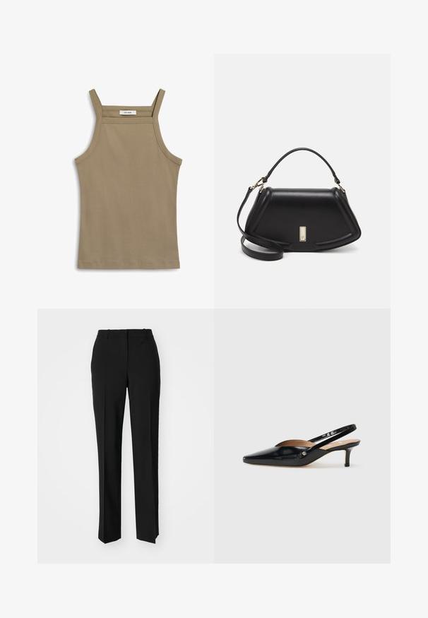 Khaki tielko s tenkými ramienkami, z ribovanej textúry a rovný lem. Na výstrihu je štítok "IVY OAK".; Čierne krajčírské nohavice so strihom rovného nohu, s hladkou textúrou a ostrými skladmi pozdĺž prednej časti. Žiadne viditeľné hardvér.; Čierne lakovanej kožené lodičky so špicatou špičkou, malým opätkom a výrezom na priehlavku. Akcent zlatého kovania na boku.; Čierna kožená kabelka so štruktúrovaným dizajnom, s krátkym tvarom, hornou rúčkou a zlatými prvkami. Súčasťou je nastaviteľný ramenný popruh.