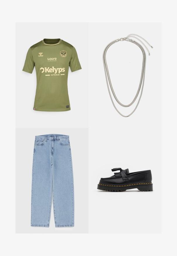 Olive green Saint-Étienne football jersey with beige sponsor logos and team crest on chest.; Light blue denim jeans with straight leg design, featuring a mid-rise waist, five pockets, and a button and zipper closure.; Black leather loafer with a tasseled accent, featuring a chunky black sole and yellow stitching along the edge. Textured finish.; Three-layered silver metal necklace featuring sleek, flexible chains with a slight sheen, secured with a lobster clasp and adjustable chain.