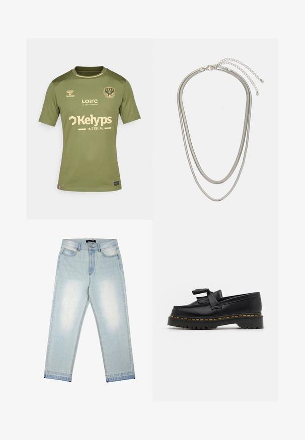 Olīvzaļš Saint-Étienne futbola krekls ar gaiši brūniem sponsoru logotipiem un komandas emblēmu uz krūšu.; Pegador BARROW - Brīvi džinsi - sand washed blue; Melnas ādas mokasīni ar pērlītēm uzsvaru, ar masīvu melnu zoli un dzeltenu šuvumu gar malu. Ar teksturētu apdari.; Trīslīmeņu sudraba metāla kaklarota ar gludām, elastīgām ķēdēm, kas spīd, droši piestiprināta ar omā uzgali un regulējamu ķēdi.