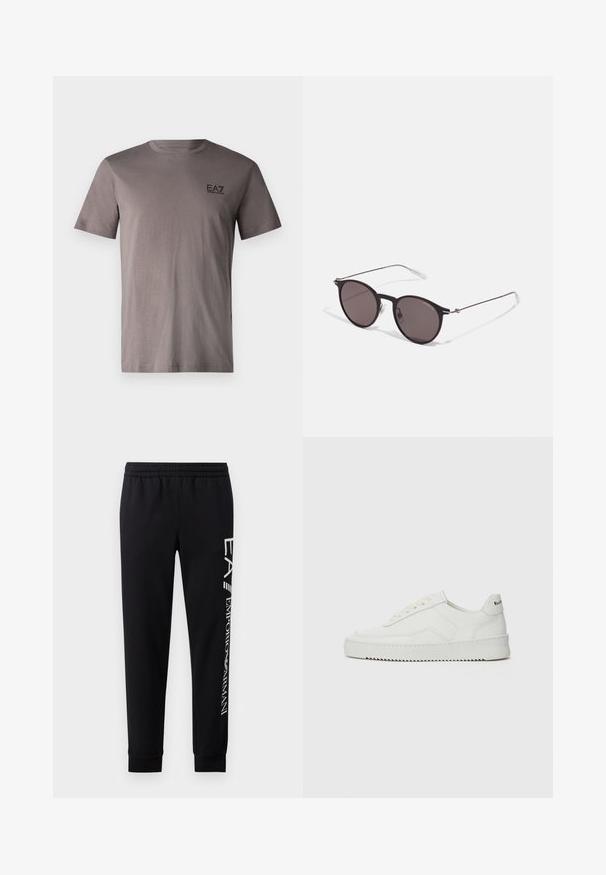 EA7 Emporio Armani TRAIN CORE TEE - T-Shirt basic - volcanic glass; Schwarze Sweatpants aus Baumwollmischung mit elastischem Taillenbund, schmal zulaufenden Beinen, gerippten Bündchen und weißem Logo-Druck entlang der Seite.; Weiße Ledersneaker mit glatter Oberfläche, runder Zehenpartie, flachen Schnürsenkeln und strukturiertem Sohlenprofil. Mit einem dezenten Logo an der Ferse.; Schwarze runde Sonnenbrille mit dunklen Gläsern und schlanken Metallbügeln. Enthält klare Tempelspitzen und silberne Akzente am Scharnier. Minimalistisches Design.