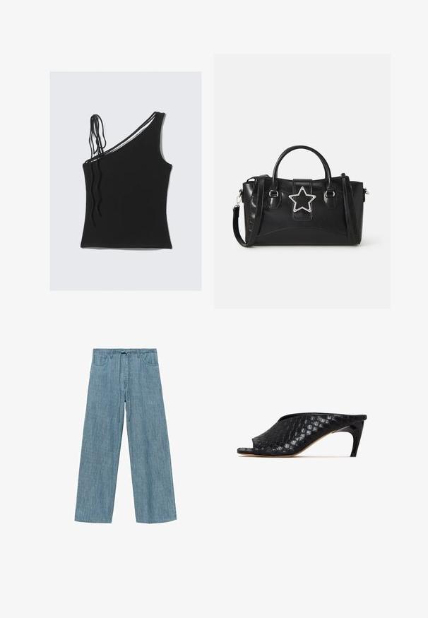 Zwarte mouwloze top met één schouderband en dunne gekruiste details. Glad stof met een aansluitend ontwerp.; Lichtblauwe gestreepte wijde pijpenbroek met een trekkoord in de taille, voorzien van twee zijzakken en een zachte, gestructureerde stof.; Zwarte gevlochten muiltjes met een open teen en een slanke, gebogen hak. Het materiaal heeft een glanzende afwerking en vertoont een gestructureerd, geruit patroon.; Zwarte handtas van kunstleer met een stervormige zilveren accent, dubbele handgrepen en een verstelbare schouderband.