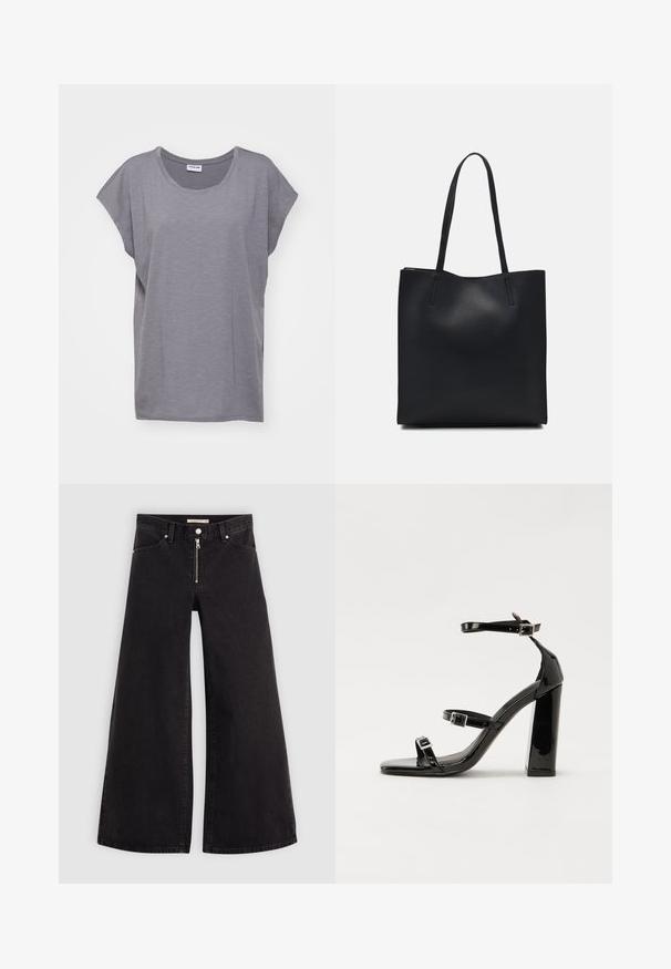 Noisy May NMMATHILDE LOOSE LONG - Navadna majica - charcoal gray; Široke traperice iz črnega denima z zadrgo spredaj, petimi žepi in diskretnimi šivi. Gladka tekstura in ležeren slog.; Črne lakirane sandale s peto, kvadratnim prstom, trakovi okrog gležnja in srebrnimi zaponkami. Opremljene so s stabilno Debelo peto.; Črna usnjena torba s svilnato teksturo, pravokotne oblike in dvema dolgima ročajema. Brez vidnih metalnih delov ali okrasnih elementov.