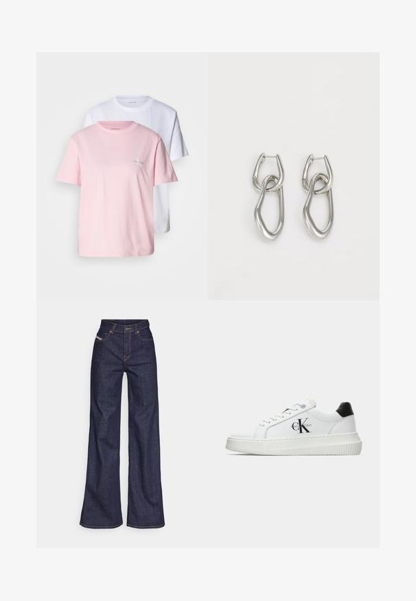 Két póló: az egyik világos rózsaszín, a másik fehér. Mindkettő rövid ujjú, pamutból készült, kerek nyakkivágással és egy kis logóval a mellkason.; Sötétkék, bő szárú farmernadrág, magas derékkal, narancssárga varrással, öt zsebes kialakítással és gombos zárással.; Fehér alacsony szárú edzőcipő fekete saroktabbal, platform talppal, fűzőkkel és Calvin Klein "CK" logóval az oldalán.; Calvin Klein STATEMENT LINKS - Fülbevalók - silver-coloured