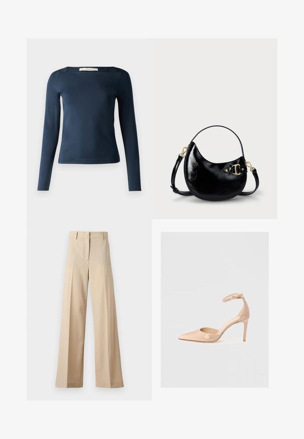 Laivastonsininen pitkähihainen paita, jossa on neliömäinen pääntie, valmistettu sileästä, joustavasta kankaasta. Ominaisuuksiin kuuluu istuva siluetti ja vähäiset saumat.; Beige leveled trousers made from smooth fabric, featuring a flat front with folds, a zip fly, and belt loops. Overall tailored fit.; Nude lakattu kärkitossu, jossa on nilkkahihna ja tendo, ominaisuutena sileä pinta ja minimalistinen muotoilu.; Musta patentoitu nahkalaukku, jossa on kaareva muoto, säädettävä olkahihna ja kultasävyinen koristeosa kyljessä. Tasainen, kiiltävä pinta.