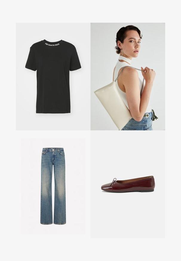 Černé bavlněné tričko s kulatým výstřihem. Na límci se nachází bílé logo "THE NORTH FACE". Krátké rukávy a rovný lem.; Světle modré denimové kalhoty s širokými nohavicemi, s vybledlým povrchem, pěti kapsami, zapínáním na knoflík a kontrastním švem podél švů.; Burgundské lakové baleríny s kulatou špičkou, malou mašlí vpředu a nízkou černou gumovou podrážkou. Hladký povrch.; Bílá obdélníková psaníčko vyrobené z lesklého materiálu, se stříbrným řetízkovým popruhem. Modelka pózuje a předvádí tašku na jednobarevném pozadí.
