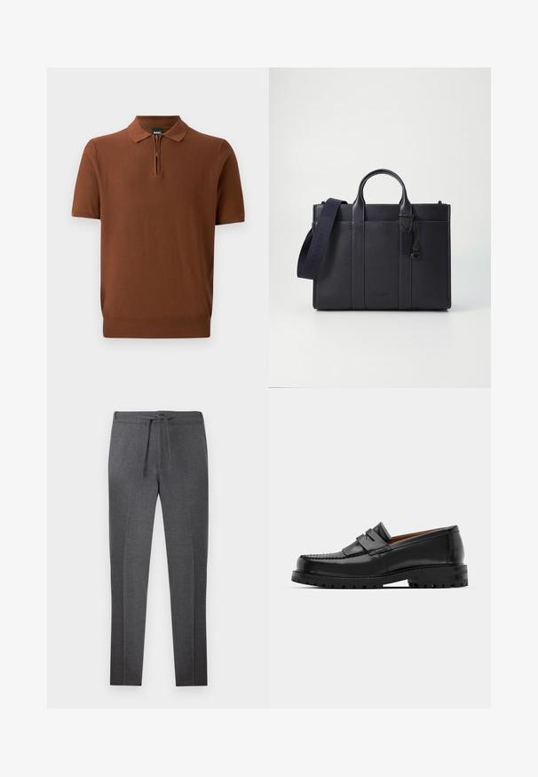 Ruskea lyhythihainen polo-paita, joka on valmistettu sileästä neulottusta materiaalista, missä on vetoketjupainike ja klassinen kaulus. Omistaa istuvan helman.; Tummanharmaat kapenevat housut, joissa on joustava vyötärö ja kiristysnauha, ja joissa on hienovaraisia poikittain taitteita edessä.; Mustat nahka loafit sisältävät kohoavan sauman, kaksi koristeellista nauhaa yläosassa ja paksun teksturoidun pohjan parempaa pitoa varten.; Tummansininen nahkainen salkku, jossa on kaksinkertaiset yläkahvat ja irrotettava hihna. Varustettu tekstuuripinnalla, pystysuoralla ompeleella ja logotiedoilla.