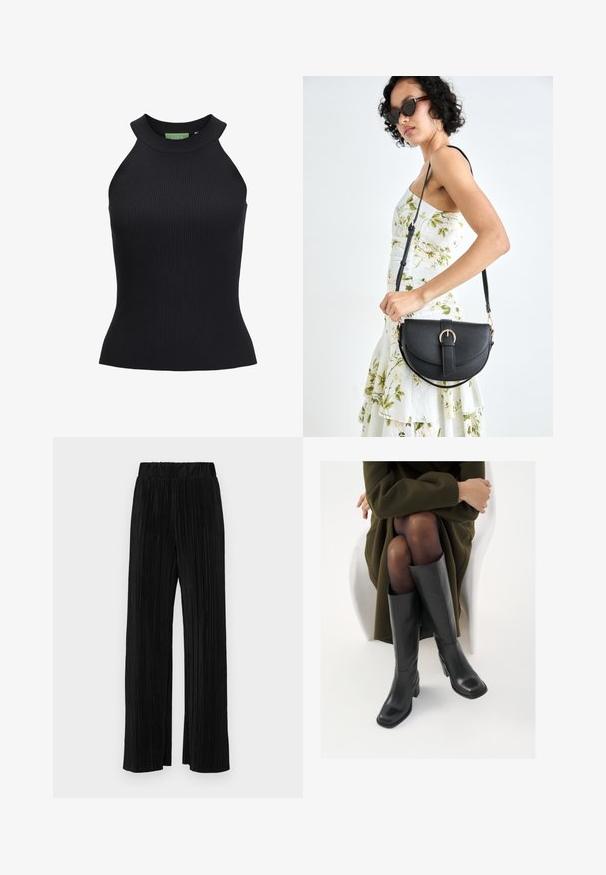 Svart ribbet tanktopp med høy hals og ermeløs design. Har tettsittende passform og stretchy stoff. Grønn merkeinnside.; Sorte plisserte bukser med elastisk midje. Har vide ben og et glatt, strukturert stoff med vertikale striper.; Knæhøye sorte lærstøvler med firkantet tå og blokkhelt, vist med en modell som sitter iført en olivengrønn kåpe. Glatt tekstur, minimal detaljering.; Svart lærveske med en buet form, avtagbar stropp og gullbeslag. Vesken har et klaff med spenne-detall.