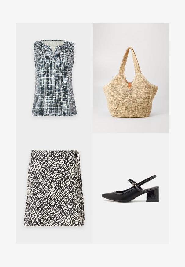 Uten ermer topp i marineblå og kremhvit med et teksturert rutenettmønster. Har en V-hals og samlet detaljer på skuldrene.; Svart og hvit veske med et geometrisk diamantmønster, laget av stoff med en teksturert overflate. Designet med en klaffåpning.; Sorte lakk lær slingback hæler med spiss tå, et avrundet utskjæringsdesign og blokkheel. Har en gulltone spenne som detalj.; Stor stor halm tote-veske med en teksturert, beige overflate og to brede håndtak. Har en lærdetalj som lukkemekanisme.