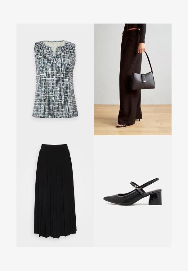 Ärmelloses Oberteil in Marineblau und Creme mit einem strukturierten Gittermuster. Es besitzt einen V-Ausschnitt und geraffte Details an den Schultern.; Schwarzer plissierter Rock mit breitem, dehnbarem Bund. Gefertigt aus weichem Stoff, mit vertikalen Falten für eine fließende Silhouette.; Schwarze Lackleder-Slingback-Absätze mit spitzer Zehenform, einem runden Ausschnitt-Design und einem Blockabsatz. Mit einem goldfarbenen Schnallenakzent.; Schwarze Handtasche mit strukturierter Form, glatter Textur und einem metallischen Verschluss. Kombiniert mit weiten schwarzen Hosen und offenen Sandalen auf einem Holzboden.