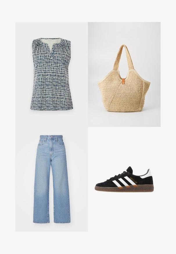 Piedurkņu bez toplu tumši zilos un krēmkrāsas toņos ar teksturētu režģa rakstu. Iezīmē V veida dekoltē un savilktas detaļas plecos.; Gaiši zili augstās jostas vidukļa platās bikses ar priekšējo pogu un rāvējslēdzēju, priekšējām un aizmugurējām kabatām uz baltā fona.; Melnas Adidas sporta kurpes ar baltām svītrām, zelta "Spezial" uzrakstu, gumijas zoli un baltu papēža daļu, attēlotas profila skatījumā.; Liela salmu soma ar tekstūru, bēšā ārpusi un divām platām rokturām. Iekļauta ādas akcenta siksna aizdarē.