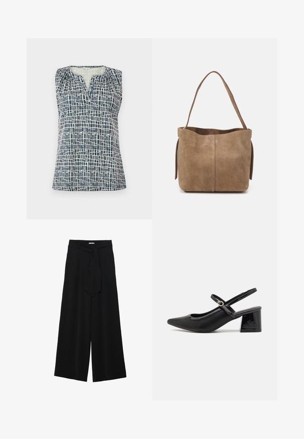 Koszulka bez rękawów w granatowym i kremowym kolorze z teksturowanym wzorem w kratkę. Posiada dekolt w kształcie litery V oraz marszczone detale na ramionach.; Czarne spodnie szerokie z teksturowanej tkaniny, z elastycznym paskiem w talii i odpinanym paskiem w talii dla regulowanego dopasowania.; Czarne lakierowane czółenka na słupku ze spiczastym noskiem, lekko zaokrąglonym wycięciem i obcasem w kształcie bloku. Posiadają złotą klamrę jako akcent dekoracyjny.; Brązowa torba tote z zamszu o miękkiej teksturze, otwartym topie i jednym pasku na ramię. Posiada gładkie wykończenie i minimalne zdobienia.