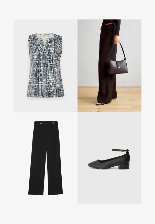 Mouwloze top in marineblauw en crème met een gestructureerd ruitpatroon. Heeft een V-hals en geplooide details op de schouders.; Zwarte wijde broek met hoge taille, knoopdetails op de tailleband en plooien aan de voorkant.; Zwarte leren pump met een spitse neus en een lage blokhak. Beschikt over een enkelband met een goudkleurige gespsluiting. Gladde textuur.; Zwarte handtas met gestructureerde vorm, gladde textuur en een metalen sluiting. Gecombineerd met brede zwarte broeken en sandalen met open teen op een houten vloer.