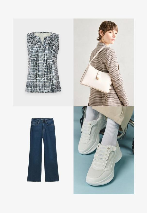 Top brez rokavov v mornarsko modri in kremni barvi z teksturiranim mrežastim vzorcem. Ima V-izrez in zbrano podrobnost na ramilih.; široke jeans hlače v temno modri barvi, s petimi žepi, gumbom za zapiranje in diskretnimi šivi ob šivih.; Bele teniske z mrežastim materialom, gumene podplate, brez vezalk, z elastikami in zlatimi akcenti.; Bela usnjena torba s strukturirano zasnovo, opremljena z magnetnim zapiranjem in naramnico, prikazana na nevtralni ozadju.