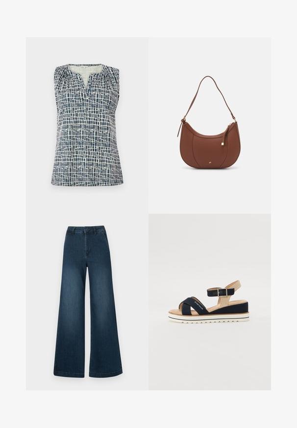 Sleeveless top in navy and cream with a textured grid pattern. Features a V-neckline and gathered details at the shoulders.; Dark blue high-waist wide-leg denim jeans with front pockets and belt loops on a white background.; Navy blue sandal with two fabric straps, adjustable ankle strap, and textured beige back. Thick, white, scalloped sole. Brand printed on strap.; Brown faux leather shoulder bag with curved shape, minimal stitching, and a gold-tone hardware accent. Features a top zipper closure and adjustable strap.