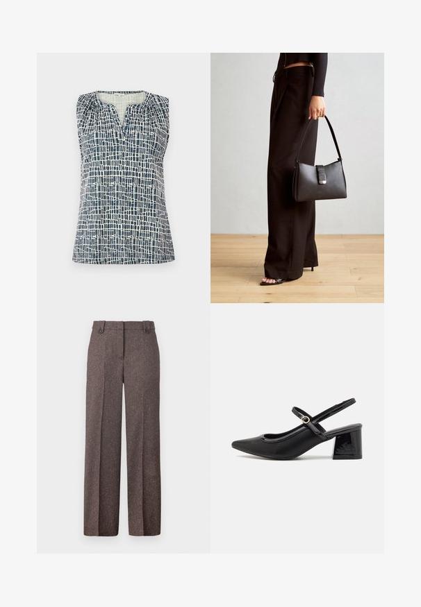 Top senza maniche in blu navy e crema con un motivo a griglia testurizzato. Presenta una scollatura a V e dettagli arricciati sulle spalle.; Pantaloni marroni a gamba larga realizzati in tessuto testurizzato. Presentano due tasche anteriori e una vestibilità sartoriale con due bottoni in vita.; Décolleté in vernice nera con cinturino dietro, punta affusolata, design con ritagli arrotondati e tacco a blocco. Presenta un accento di fibbia tono oro.; Borsa nera con forma strutturata, texture liscia e una chiusura metallica. Abbinata a pantaloni neri larghi e sandali open-toe su un pavimento in legno.