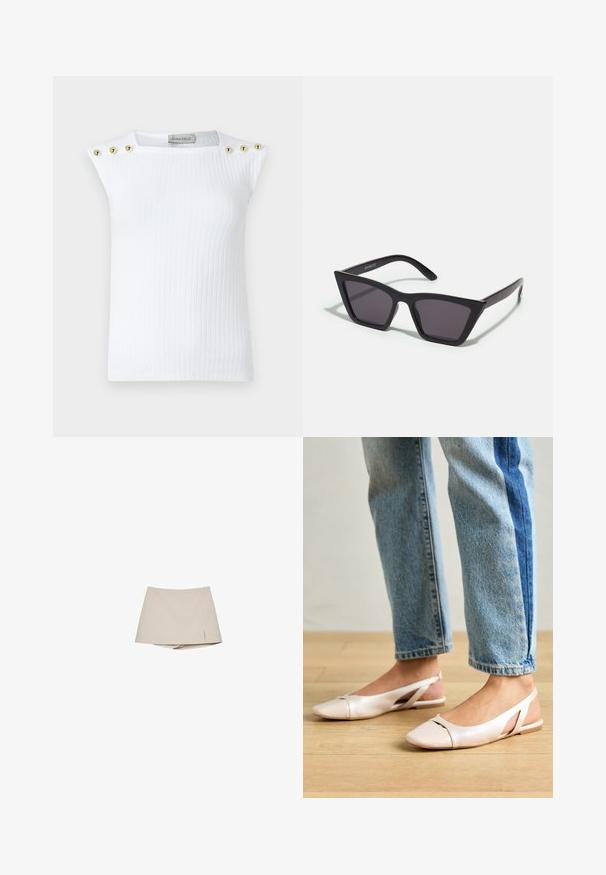 Biała, żeberkowana, bezrękawnikowa bluzka z trzema złotymi, okrągłymi guzikami na lewym ramieniu. Wykonana z gładkiego materiału o dopasowanym kroju.; Beżowy spódniczko-spodenki dla kobiet z lekkim rozcięciem z przodu i przyszytymi spodniami, zaprezentowane na białym tle.; Jasnoróżowe baleriny na odkrytej pięcie z wąskim noskiem, wykonane z gładkiego materiału imitującego skórę. Posiadają wycięcia po bokach oraz płaski obcas.; Czarne, kanciaste okulary przeciwsłoneczne z szarymi soczewkami; wykonane z plastiku, z grubymi zausznikami o gładkiej powierzchni i bez widocznych elementów metalowych.