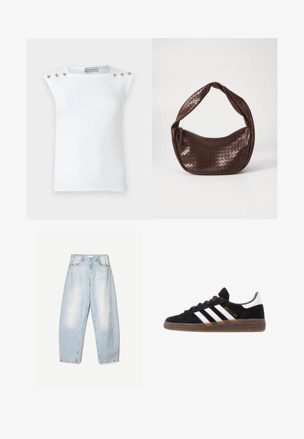 Hvid ribbet ærmeløs top med tre gyldne runde knapper på venstre skulder. Fremstillet af et glat stof med en tætsiddende pasform.; Lyseblå denimbukser med en loose fit, der har en falmet finish, to forlommer og en knaplukning i taljen.; Sort Adidas sneakers med hvide striber, guld "Spezial" tekst, gummisål og hvid hælflap, vist i profil.; Brun vævet lædertaske med et buet, knyttet håndtag og en lynlås lukning. Glat tekstur og rund form.