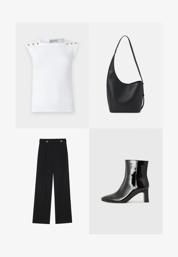 White ribbed sleeveless top featuring three gold round buttons on the left shoulder. Made from a smooth fabric with a fitted design.; Black wide-leg trousers with high waist, button details on waistband, and front pleats.; Black patent leather ankle boot with a pointed toe and a mid-height block heel. Smooth texture and minimalist design.; Black leather hobo bag with a smooth texture, curved shape, and single adjustable strap; features a wide opening at the top.