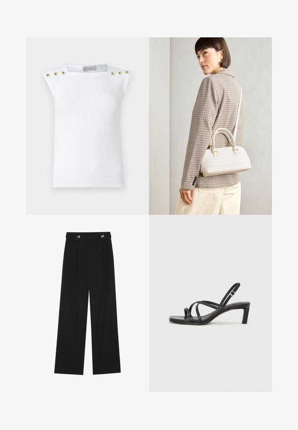 Hvit ribbet ermeløs topp med tre gullrunde knapper på venstre skulder. Laget av et glatt stoff med en tettsittende design.; Svart vide bukser med høy midje, knappdetaljer på midjebåndet og frontplisser.; Sorte sandaler med stropper, firkantet tå og lav blokk hæl. Har flere tynne stropper og en justerbar ankelstropp. Laget av glatt lær.; Hvit strukturert håndveske med korte håndtak og skulderreim, med detaljer i gullfinish og teksturert materiale, vist mot en grå bakgrunn.