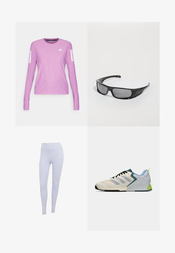 adidas Performance Langarmshirt - preloved purple; Hellviolette Leggings aus dehnbarem Stoff. Hoch geschnittenes Design mit glatter Textur und ohne sichtbare Nähte oder Muster.; Leichte Sportschuhe mit einem cremefarbenen Mesh-Obermaterial, grauen Streifen, einer grünen Akzentfarbe und einer strukturierten blauen Fersenkappe. Schwarze Schnürsenkel.; Schwarze Oakley-Sonnenbrille im Wraparound-Stil mit dunklen rechteckigen Gläsern und gebogenen Bügeln auf einem schlichten weißen Hintergrund.