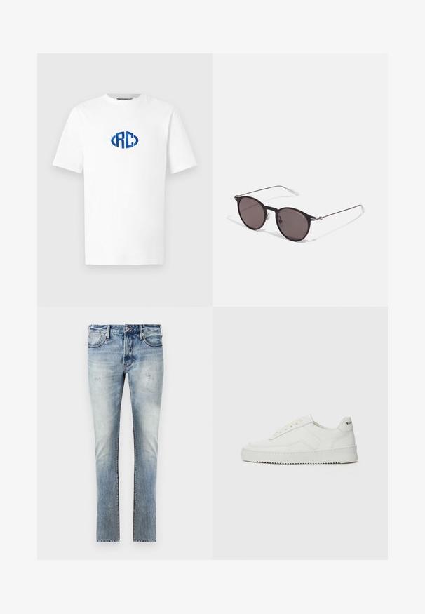 Balti trumpa rankovėmis marškinėliai su mėlynu siuvinėtu "RC" logotipu centruotoje krūtinės vietoje.; Šviesiai mėlyni džinsai su nuvalytu paviršiumi, aptemptas fasonas, penki kišenės ir kontrastingos siūlės.; Balti odiniai sportiniai bateliai su lygia apdaila, apvaliu pirštu, plokščiais raišteliais ir tekstūruotu padu. Pasižymi subtiliu logotipu ant kulno.; Juodos apvalios saulės akinių su tamsiais lęšiais ir plonomis metalinėmis šakomis. Įtraukti skaidrūs šventyklų galai ir sidabriniai akcentai vyrio srityje. Minimalistinis dizainas.