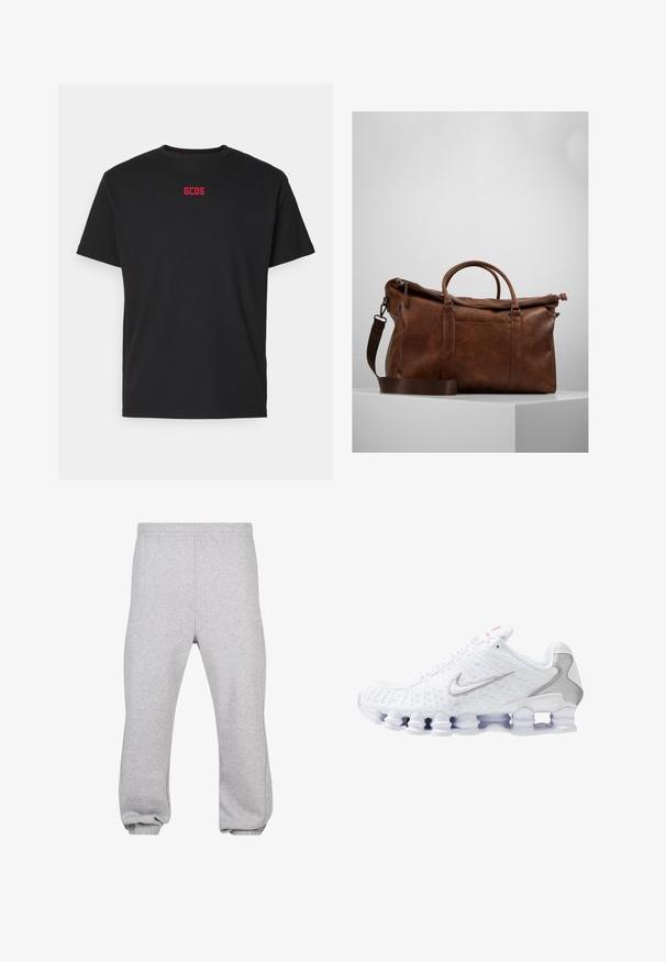 Juodas medvilninis marškinėlis trumpomis rankovėmis, su mažu raudonu "GCDS" logotipu, esantiu krūtinėje. Klasikinis apvalus kaklo iškirpimas. Minkšta medžiaga.; Pilkos medvilnės mišinio sportinės kelnės, su elastingu juosmeniu, siaurėjantys modeliai ir atsispaudžiamų kraštų. Paprastas dizainas be raštų.; Baltas sportinis batelis su tekstūruotu tinkliniu viršumi, sidabriniu Nike logotipu, paminkštintu auliuku ir unikaliu skaidrių plastikinių padų su spyruoklėmis dizainu.; Ruda odinė sportinė kuprinė su užtrauktuku, dviem rankenomis, reguliuojamu peties diržu ir matomais tekstūros raštais paviršiuje.